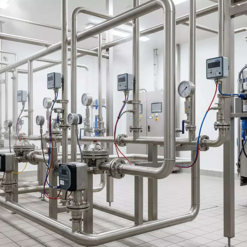 Đường ống thép không gỉ và thiết bị đo áp suất trong hệ thống làm sạch CIP công nghiệp thực phẩm